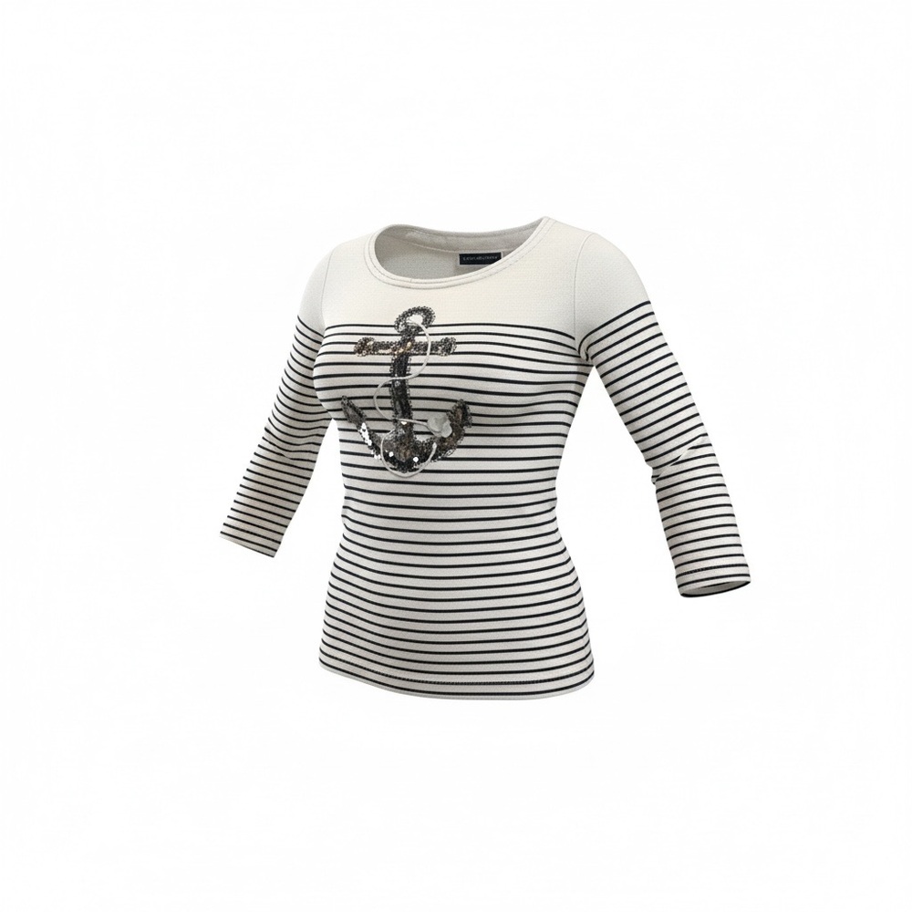 Karen Scott Petite Small White and Black Striped Sequin Anchor Top 3/4 Sleeve